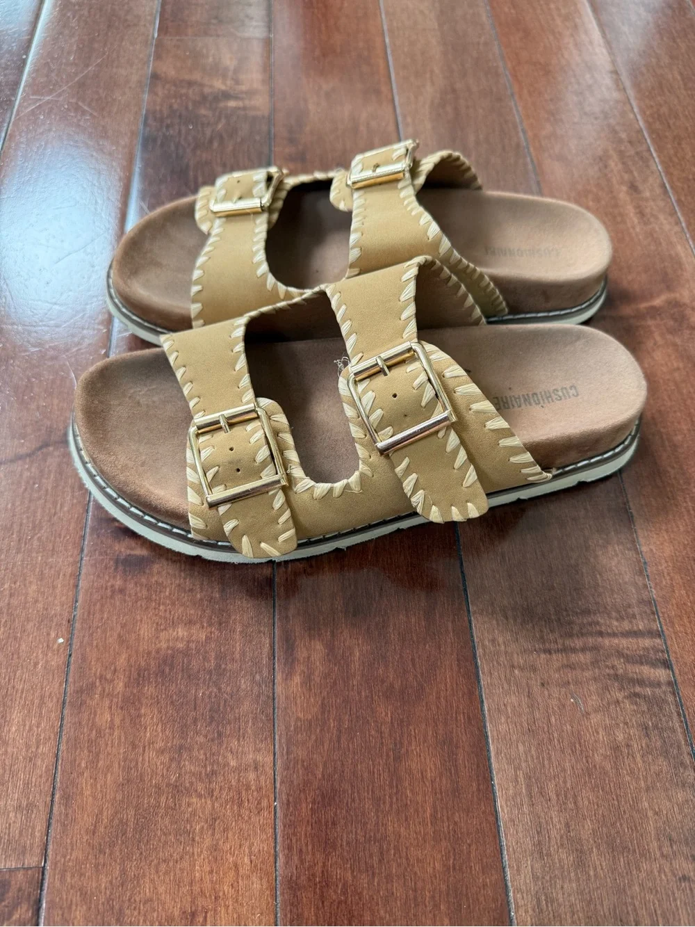 Wyatt Women’s Tan Double Buckle Slide Sandals, size 7W